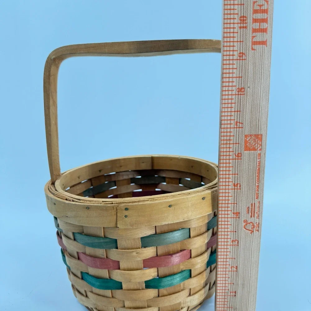 Vintage Woven Wood‎ Basket Small Tan Green Red Farmhouse Decor Handle Easter